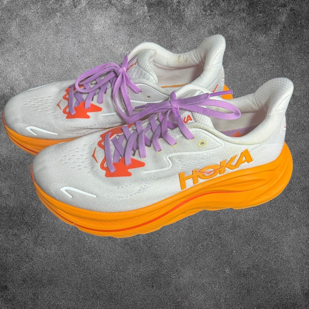 Hoka Clifton 10 Womens 8.5 Running Shoes White Orange Purple Athletic Sneakers
